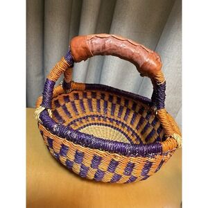 Handcrafted Vintage Bolga Basket: Colorful Ghana Basket with Leather Handle 9" T